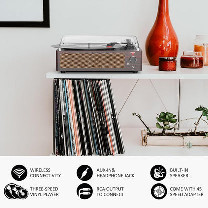 WOCKODER Plattenspieler, kabellos, tragbar, LP-Phonograph mit eingebauten Stereo-Lautsprechern, 3-Gang-Gang-Riemenantrieb, Plattenspieler aus Vinyl mit Lautsprechern