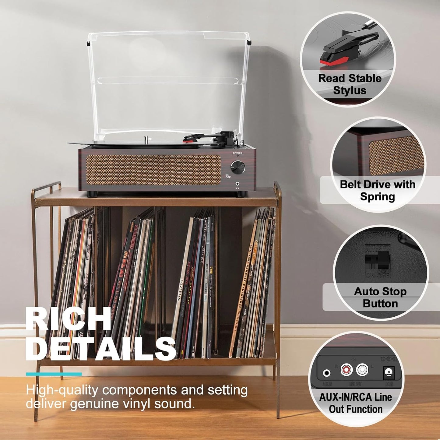 WOCKODER Plattenspieler, kabellos, tragbar, LP-Phonograph mit eingebauten Stereo-Lautsprechern, 3-Gang-Gang-Riemenantrieb, Plattenspieler aus Vinyl mit Lautsprechern