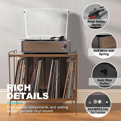 WOCKODER Plattenspieler, kabellos, tragbar, LP-Phonograph mit eingebauten Stereo-Lautsprechern, 3-Gang-Gang-Riemenantrieb, Plattenspieler aus Vinyl mit Lautsprechern