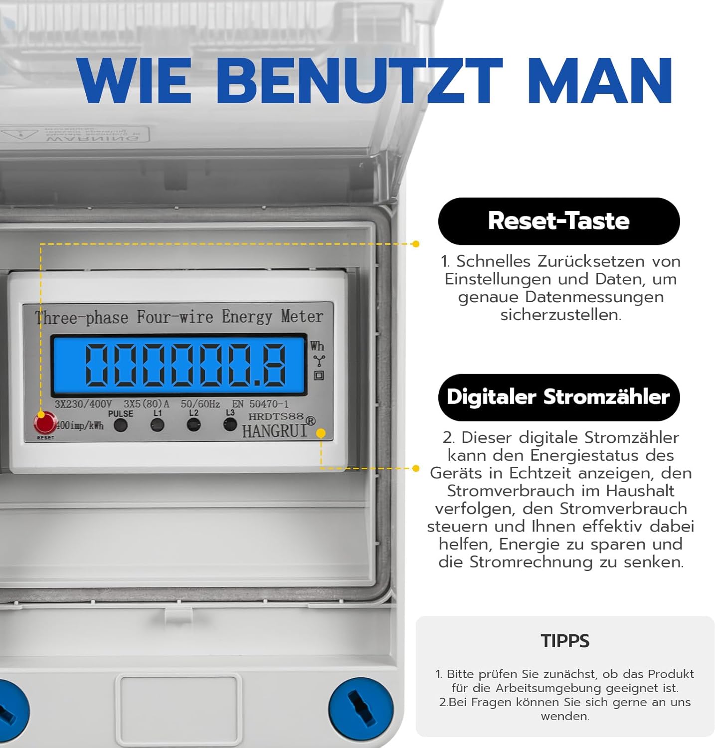 Wsphio 32A Mobiler Digitaler Stromzähler 3 Phasen mit LED,CEE Adapter 32A auf 32A