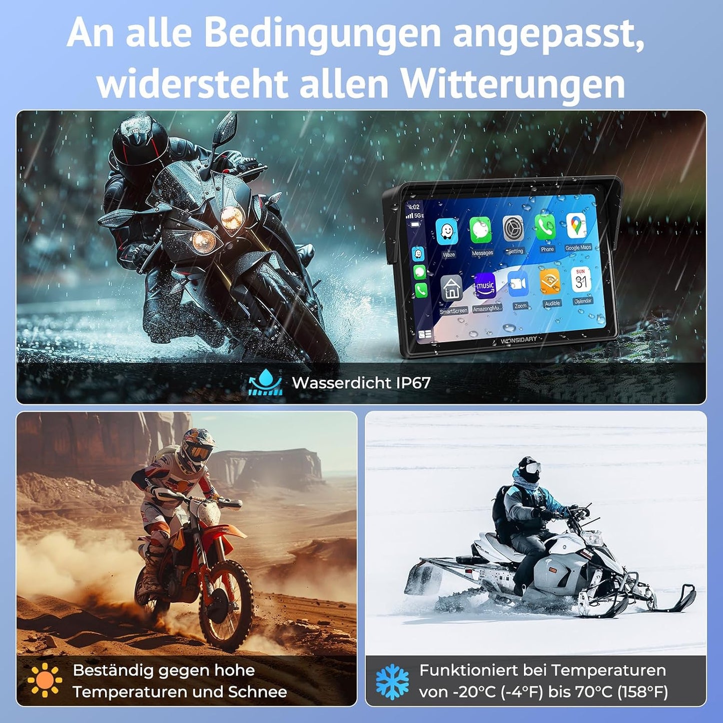 Wonsidary Kabelloses Motorrad CarPlay  Apple CarPlay & Android Auto W522 5 Zoll IP67
