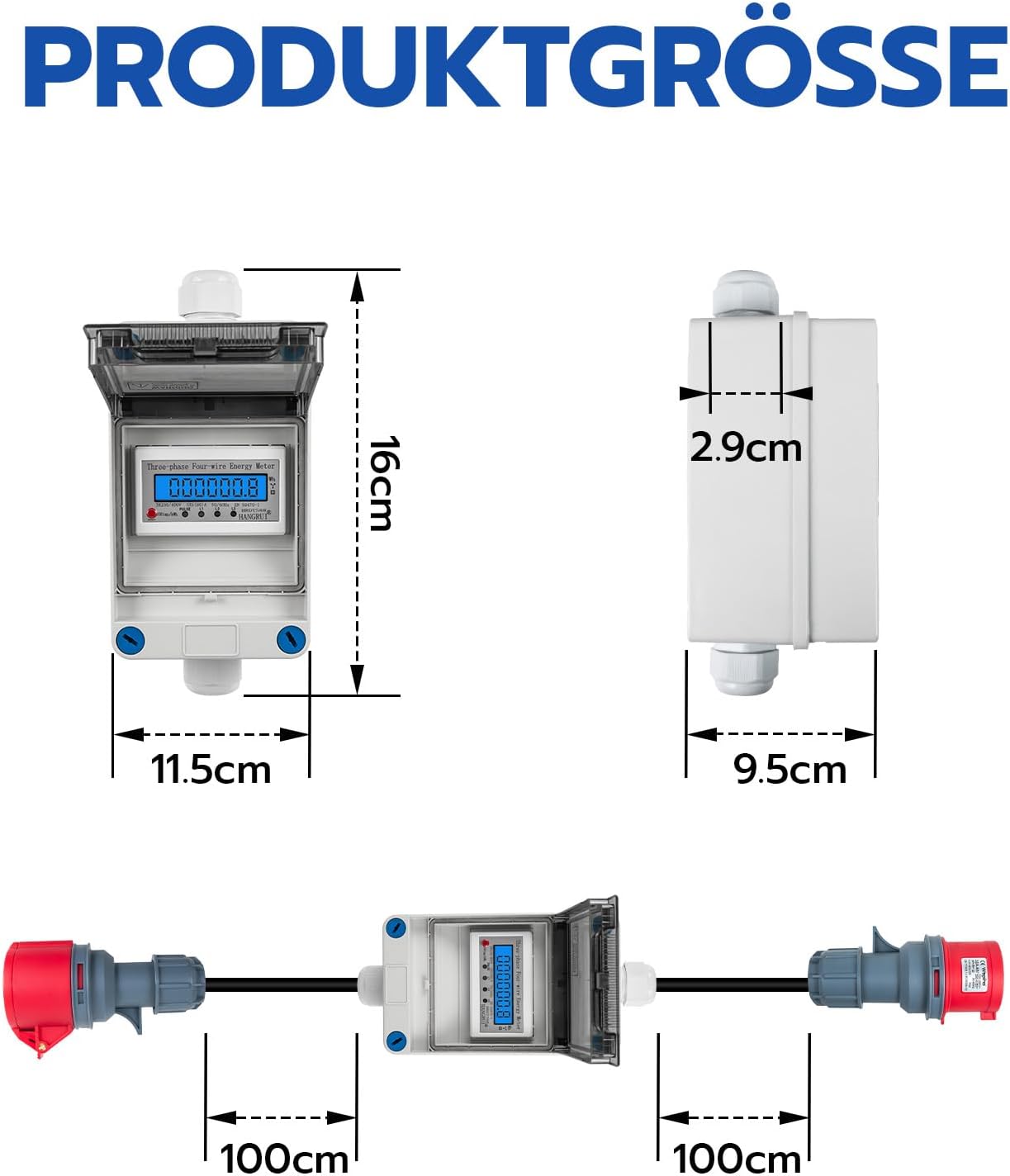 Wsphio 32A Mobiler Digitaler Stromzähler 3 Phasen mit LED,CEE Adapter 32A auf 32A
