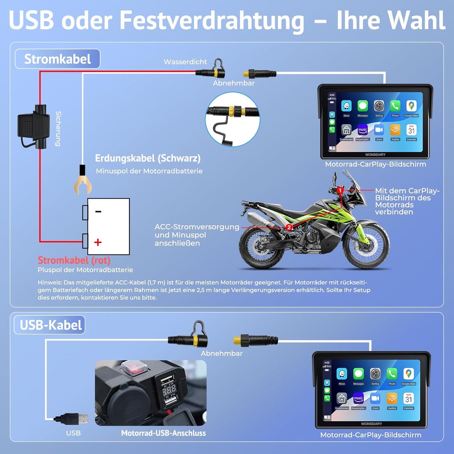 Wonsidary Kabelloses Motorrad CarPlay  Apple CarPlay & Android Auto W522 5 Zoll IP67