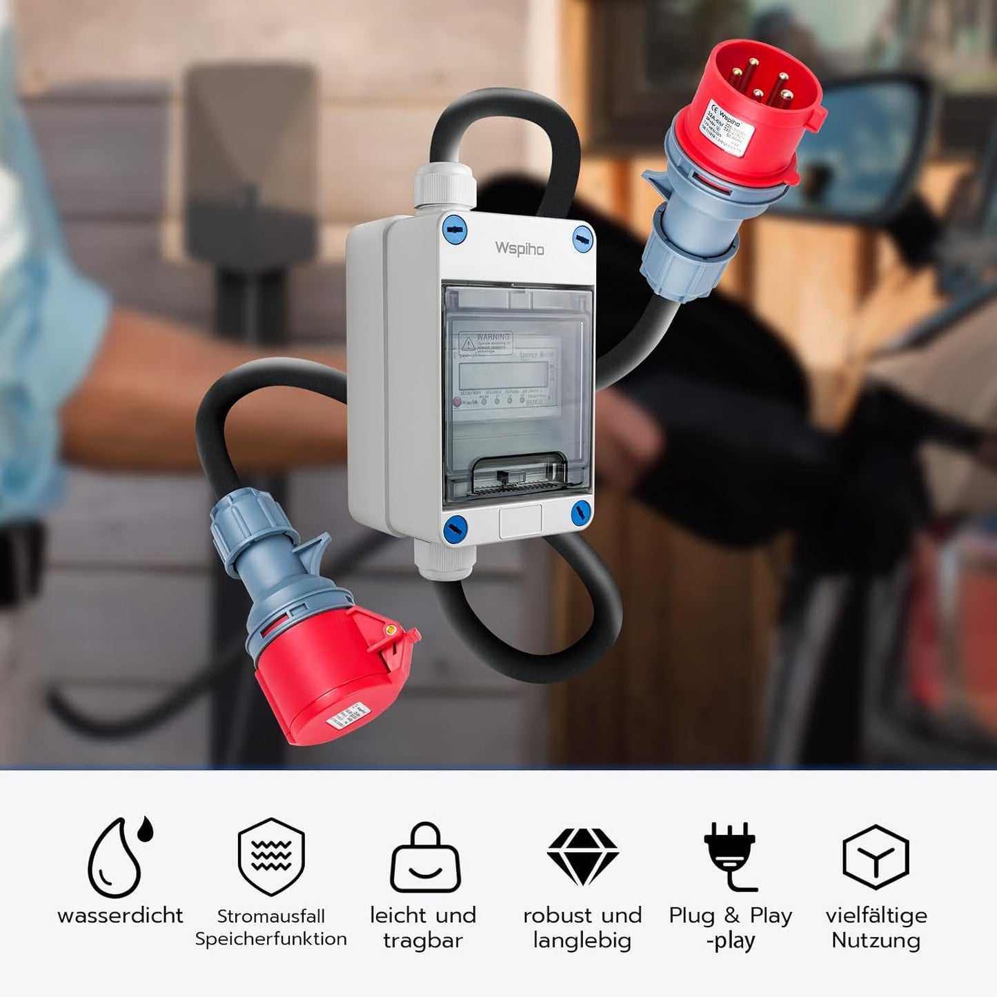 Wsphio 32A Mobiler Digitaler Stromzähler 3 Phasen mit LED,CEE Adapter 32A auf 32A