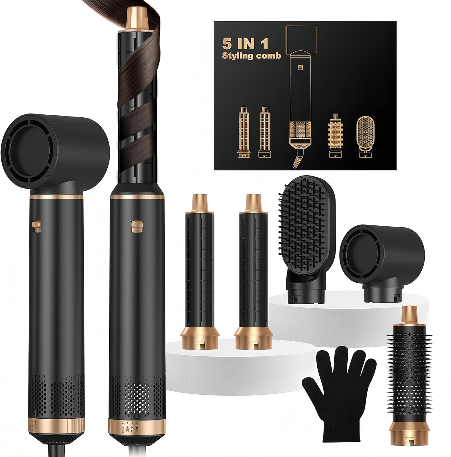 Airstyler 5 in 1 Hairstyler WT638 mit Air Lockenstab Föhn Heißluftbürste Schwarz/Gold