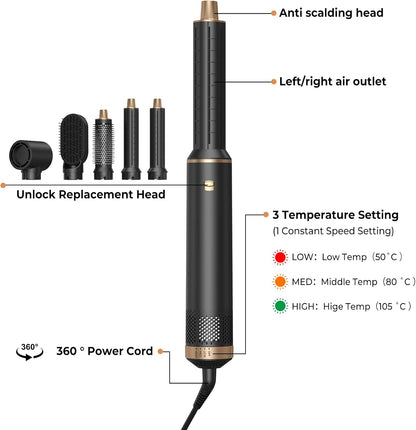Airstyler 5 in 1 Hairstyler WT638 mit Air Lockenstab Föhn Heißluftbürste Schwarz/Gold