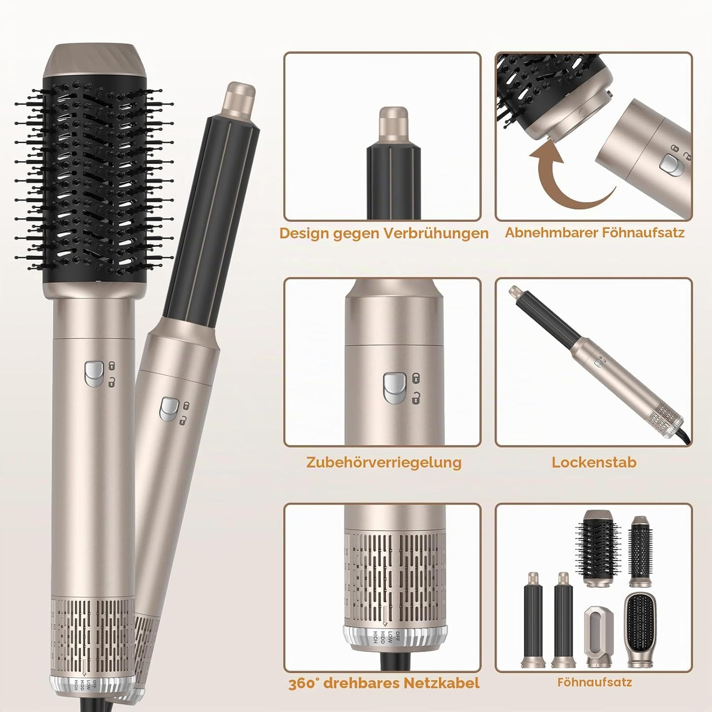 Airstyler 6 in 1 Hairstyler WT-632  1000W mit Air Lockenstäbe Warmluftbürste Föhn..Gold