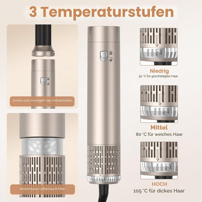 Airstyler 6 in 1 Hairstyler WT-632  1000W mit Air Lockenstäbe Warmluftbürste Föhn..Gold