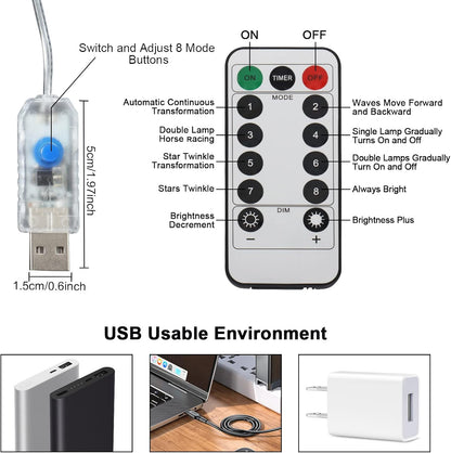 Briquet LED pour le réveillon de Noël, 9 x 2 m, USB, avec 193 LED, 8 modes d'éclairage (blanc chaud) [Classe énergétique D]