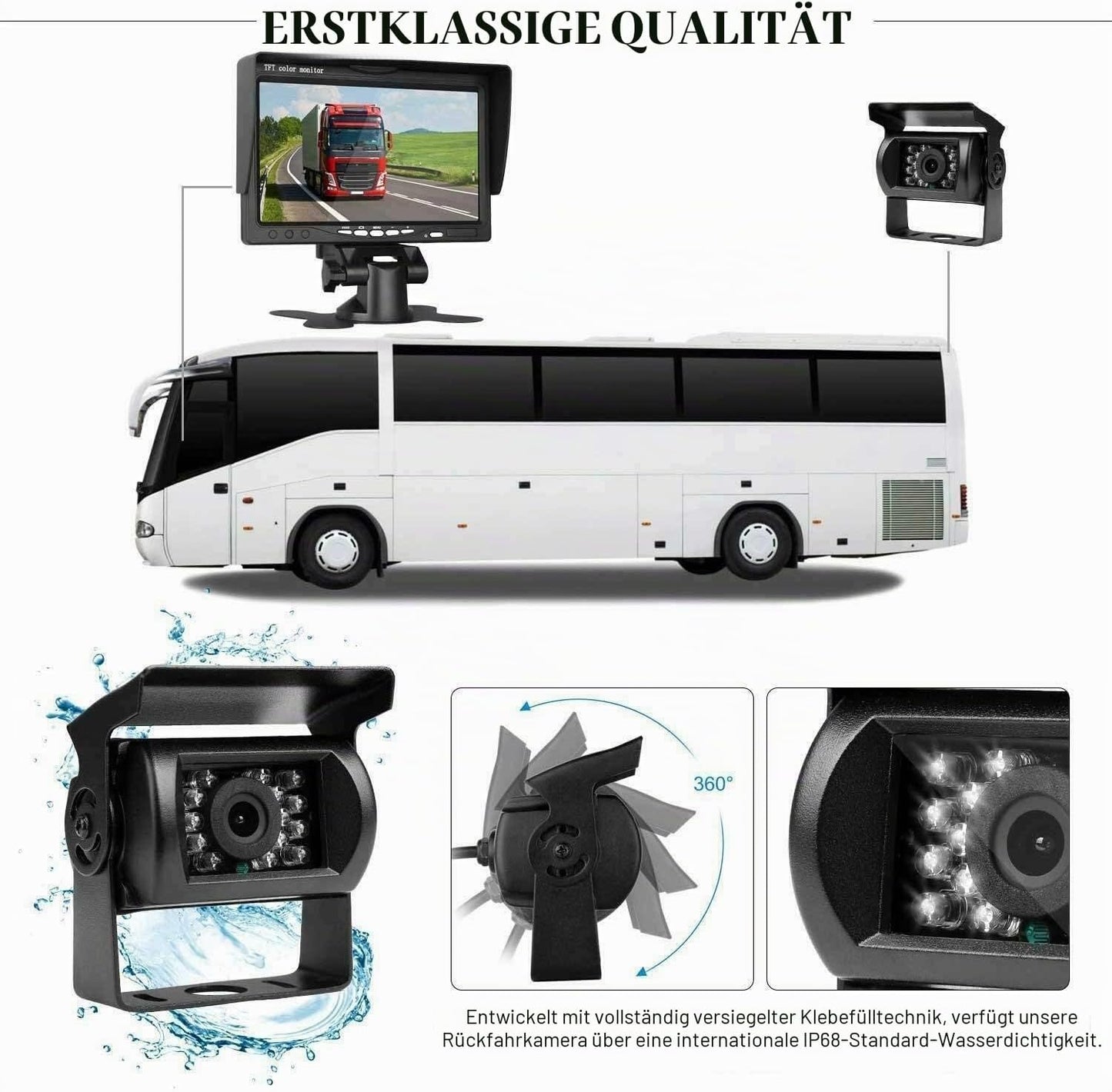 Rückfahrkamera, 4-polig, 12 V bis 24 V, 18 LEDs, IR-Nachtsicht, wasserdicht für Wohnmobil, Bus, LKW, Anhänger