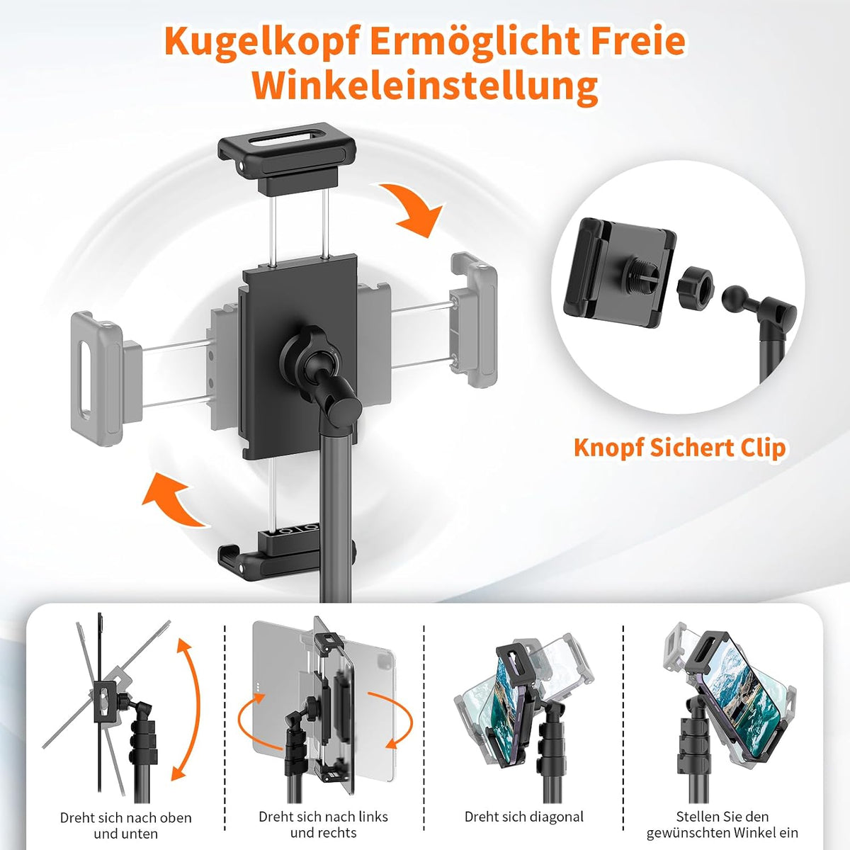 XXZU 182cm Tablet Halterung Stativ, 360° Drehbar Tabletständer Handy Stativ