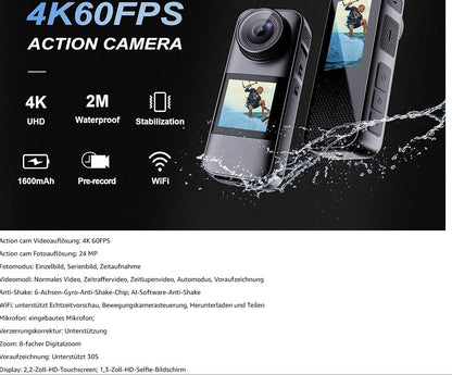 Xilecam Dual Screen Action Cam 4K 60FPS 2,2”-HD-Touchscreen, wasserdichte