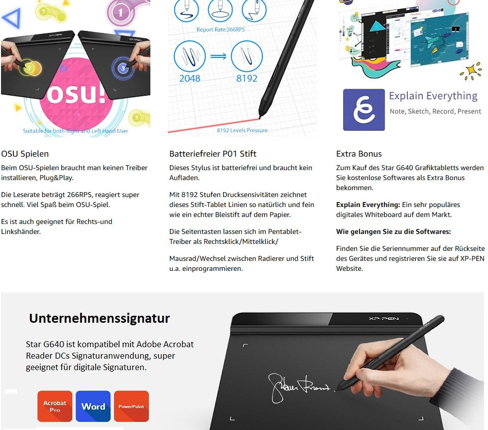 XP-PEN Star G640 Grafiktablett 6x4 Zoll Zeichentablett OSU! Pad mit batterielosem Stift 20 Ersatzminen