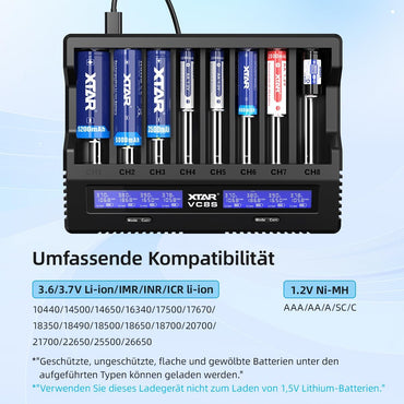 XTAR VC8S 18650 Universal Akkuladegerät USB C Schnellladegerät für 1.2V AA 21700 26650  Batterien