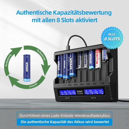 XTAR VC8S 18650 Universal Akkuladegerät USB C Schnellladegerät für 1.2V AA 21700 26650  Batterien