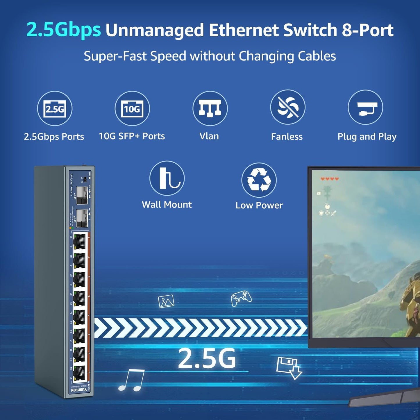 Yuanley 10-Port 2,5G Unmanaged Ethernet Switch, 8 x 2,5G Base-T Ports, 2 x 10G SFP