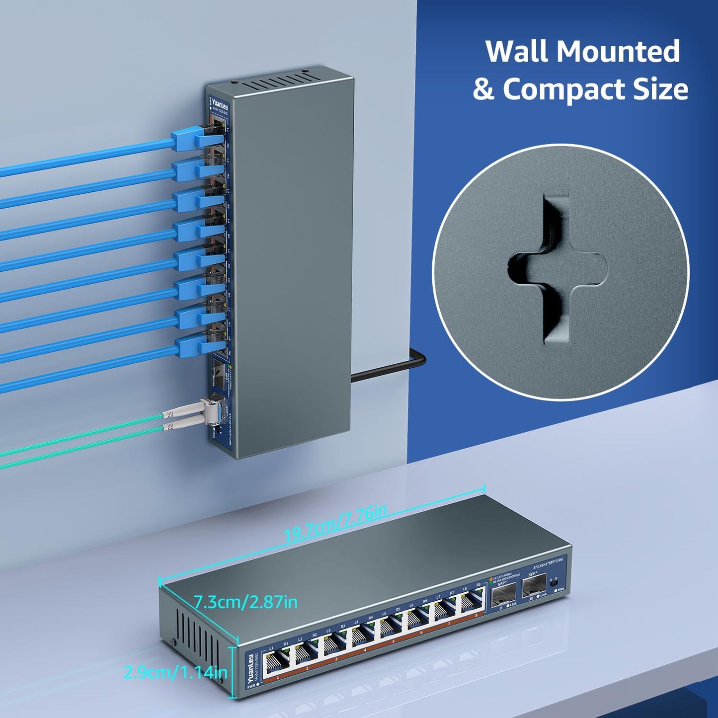 Yuanley 10-Port 2,5G Unmanaged Ethernet Switch, 8 x 2,5G Base-T Ports, 2 x 10G SFP
