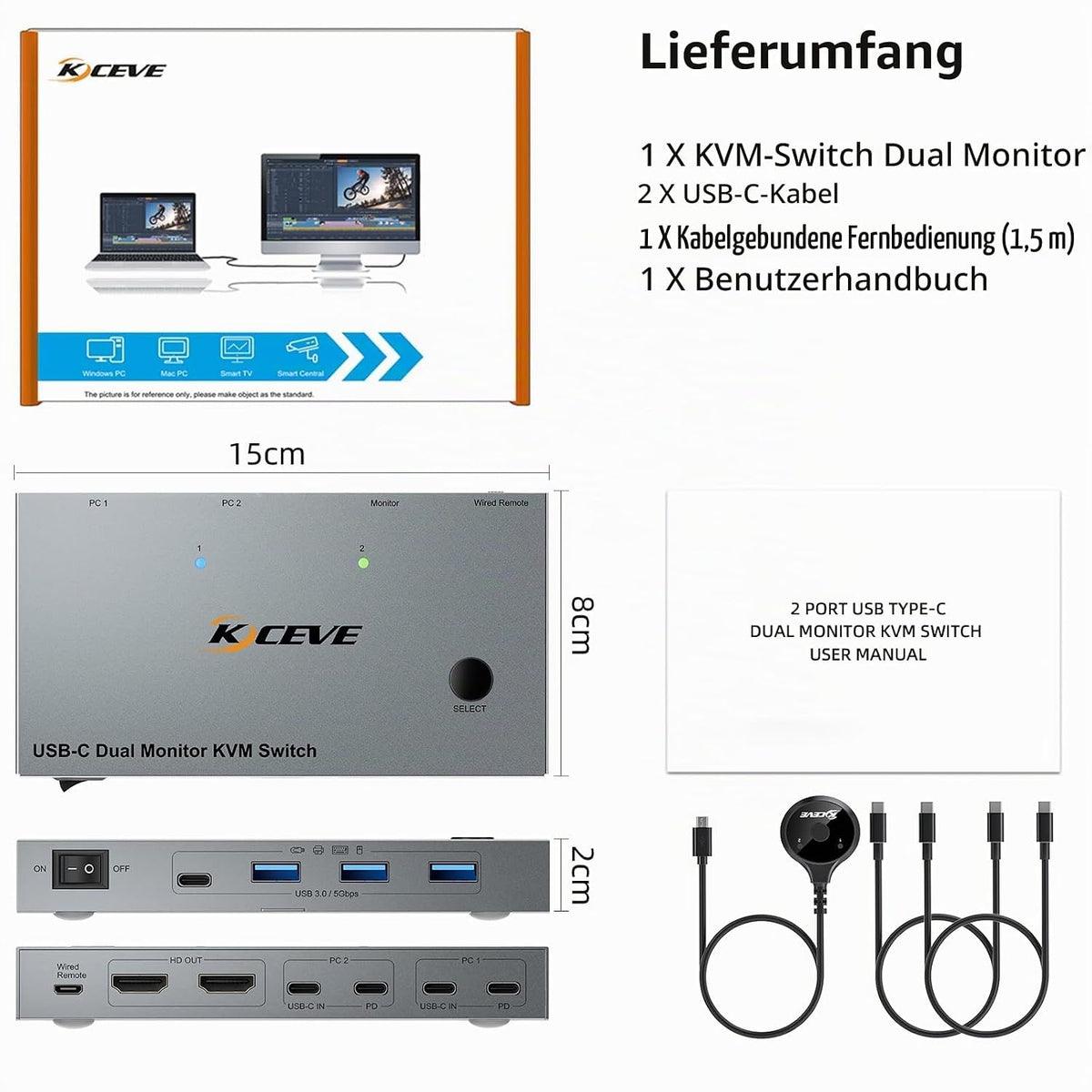 KVM Switch 2 PC 2 Monitore USB C USB 3.0 KVM Switch Dual Monitor HDMI 4K@60Hz für 2 Laptops,