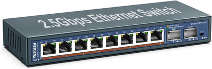 Yuanley 10-Port 2,5G Unmanaged Ethernet Switch, 8 x 2,5G Base-T Ports, 2 x 10G SFP