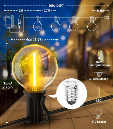 YRATERVSR Lichterkette Außen LED Strom Outdoor 30M G40 Glühbirnen
