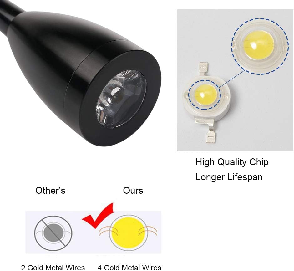Youngine 3W Leselampe am Bett, Flexible 3W LED mit Schalter und Stecker,(Schwarz-warmes Weiß) 