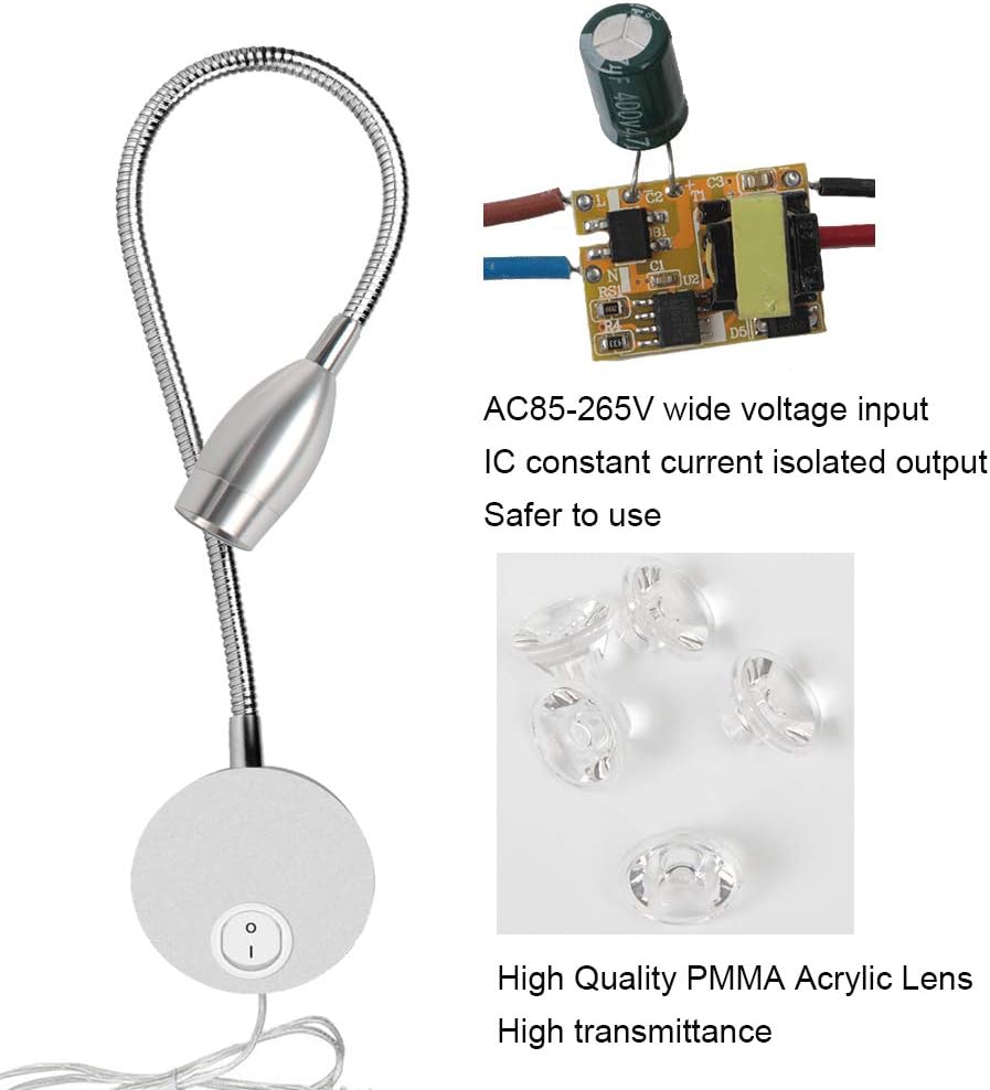 Youngine 3W LED Leselampe am Bett, Flexible mit Schalter und Stecker,3000K (Silber-warmes Weiß)