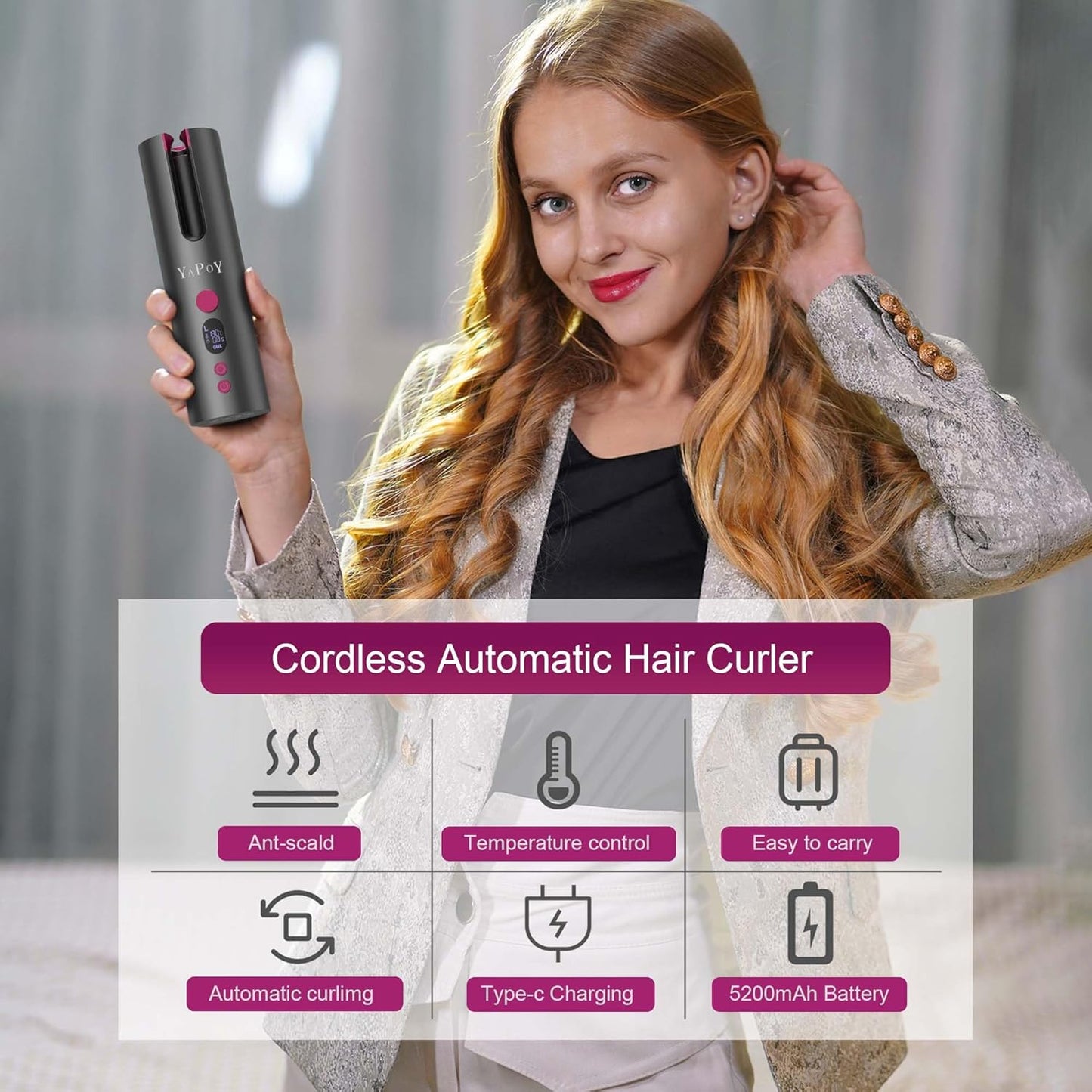 YAPOY Schnurlose Automatischer Lockenstab mit 5 Temp,Timer Magenta
