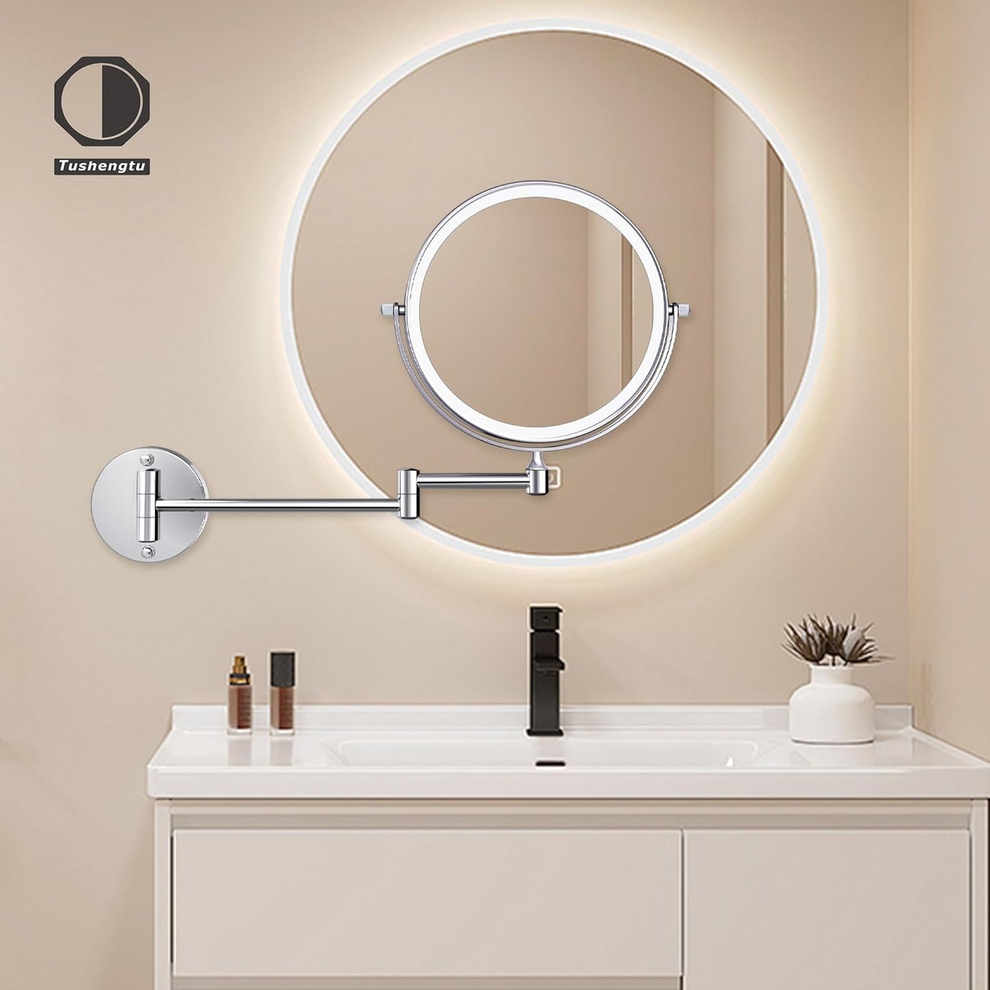 YNGTOUE 23cm Wand kosmetikspiegel mit Beleuchtung,Chrom 10x vergrößerung Badezimmer Rasierspiegel