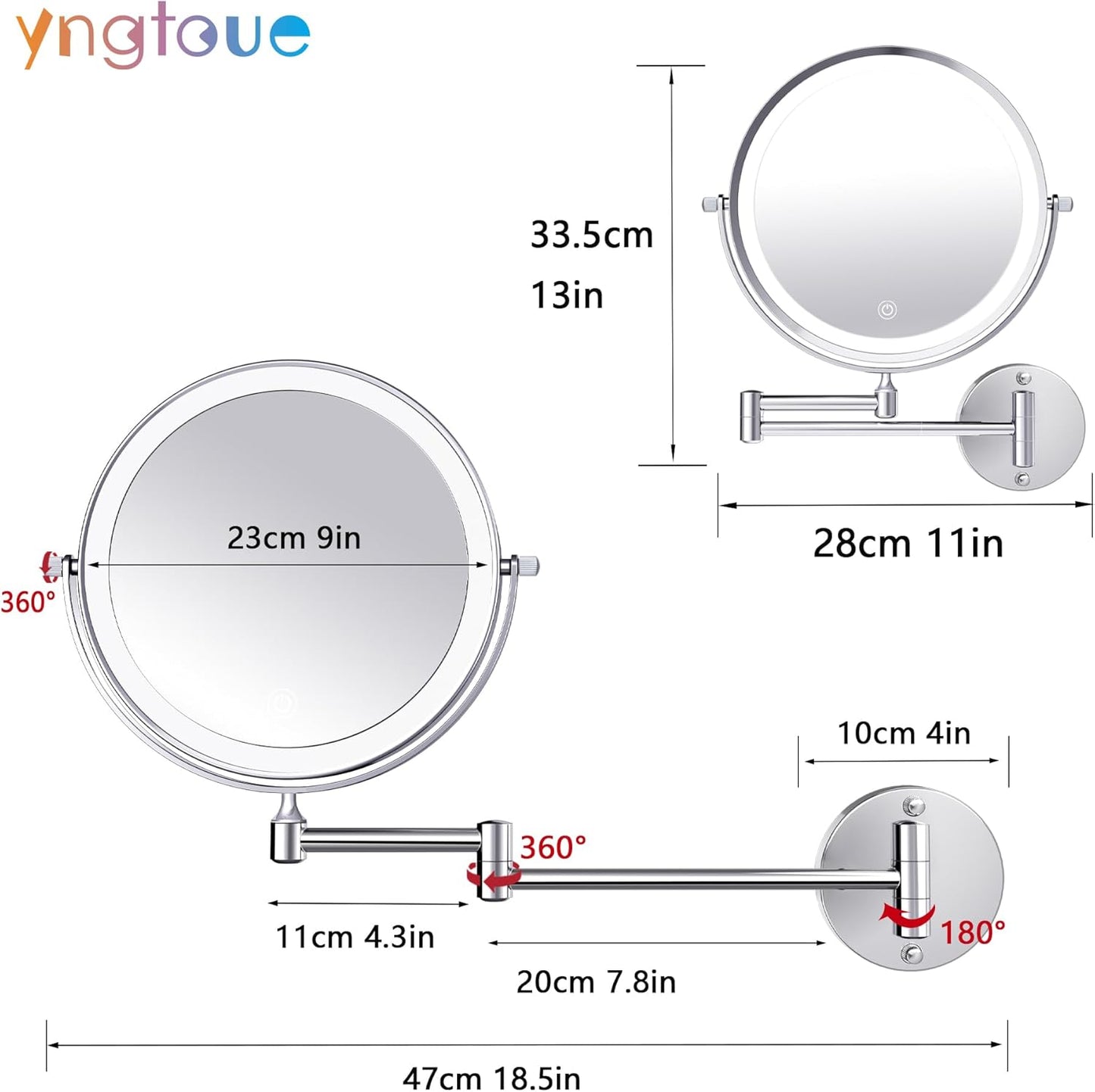 YNGTOUE 23cm Wand kosmetikspiegel mit Beleuchtung,Chrom 10x vergrößerung Badezimmer Rasierspiegel