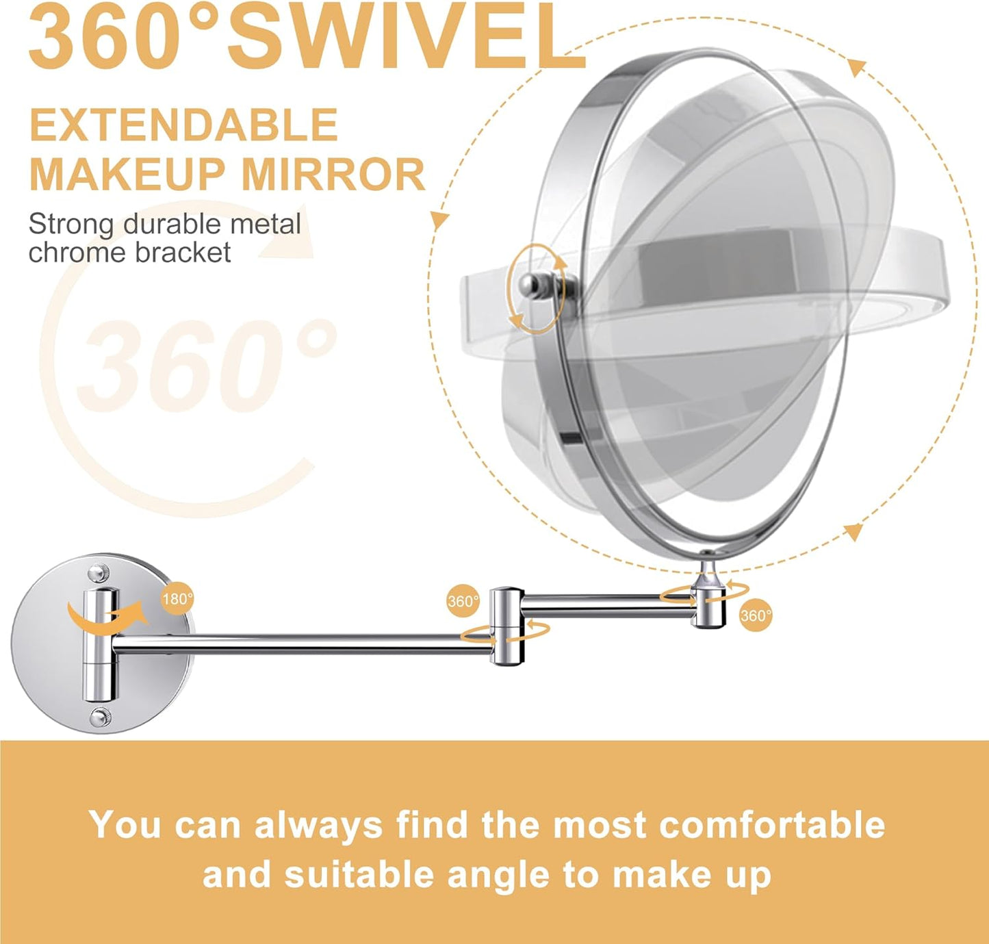 YNGTOUE 23cm Wand kosmetikspiegel mit Beleuchtung,Chrom 10x vergrößerung Badezimmer Rasierspiegel