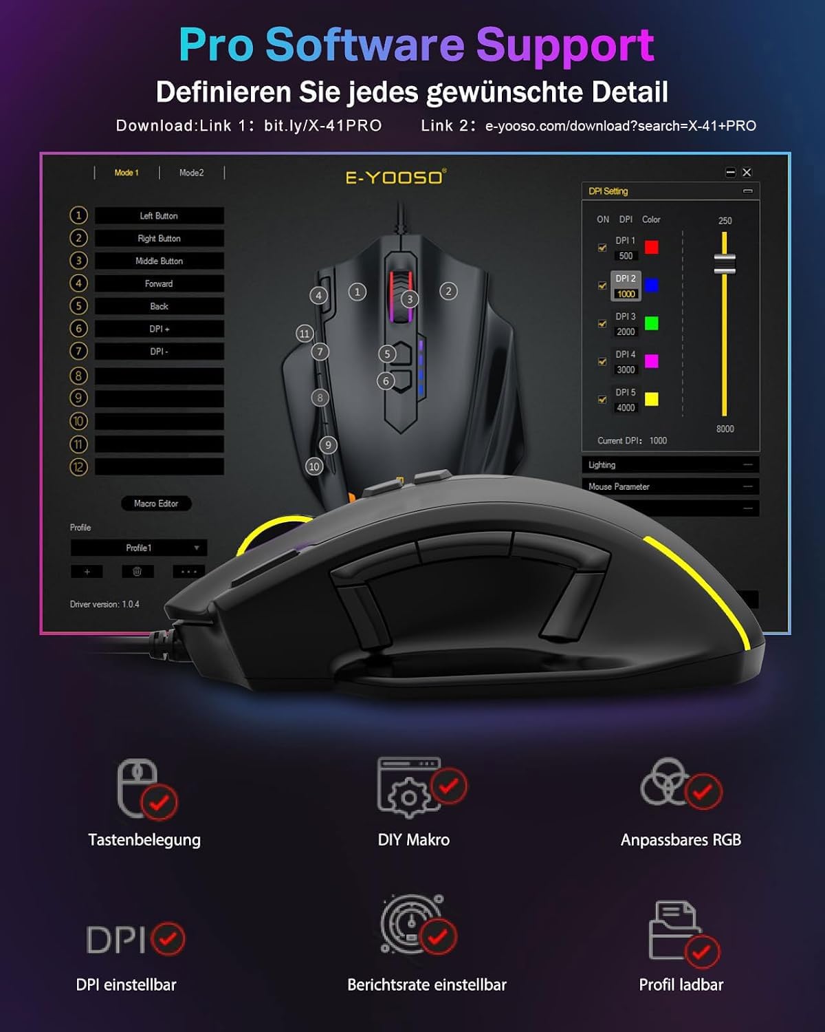 E-Yooso MMO Gaming Maus, kabelgebundene optisch,12.400 DPI, 11 programmierbare Tasten mit 5 Seitentasten,