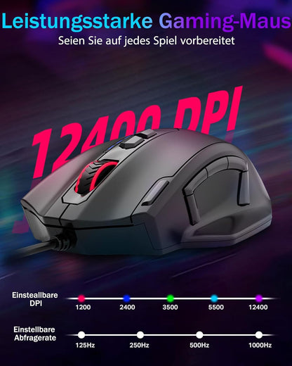 E-Yooso MMO Gaming Maus, kabelgebundene optisch,12.400 DPI, 11 programmierbare Tasten mit 5 Seitentasten,