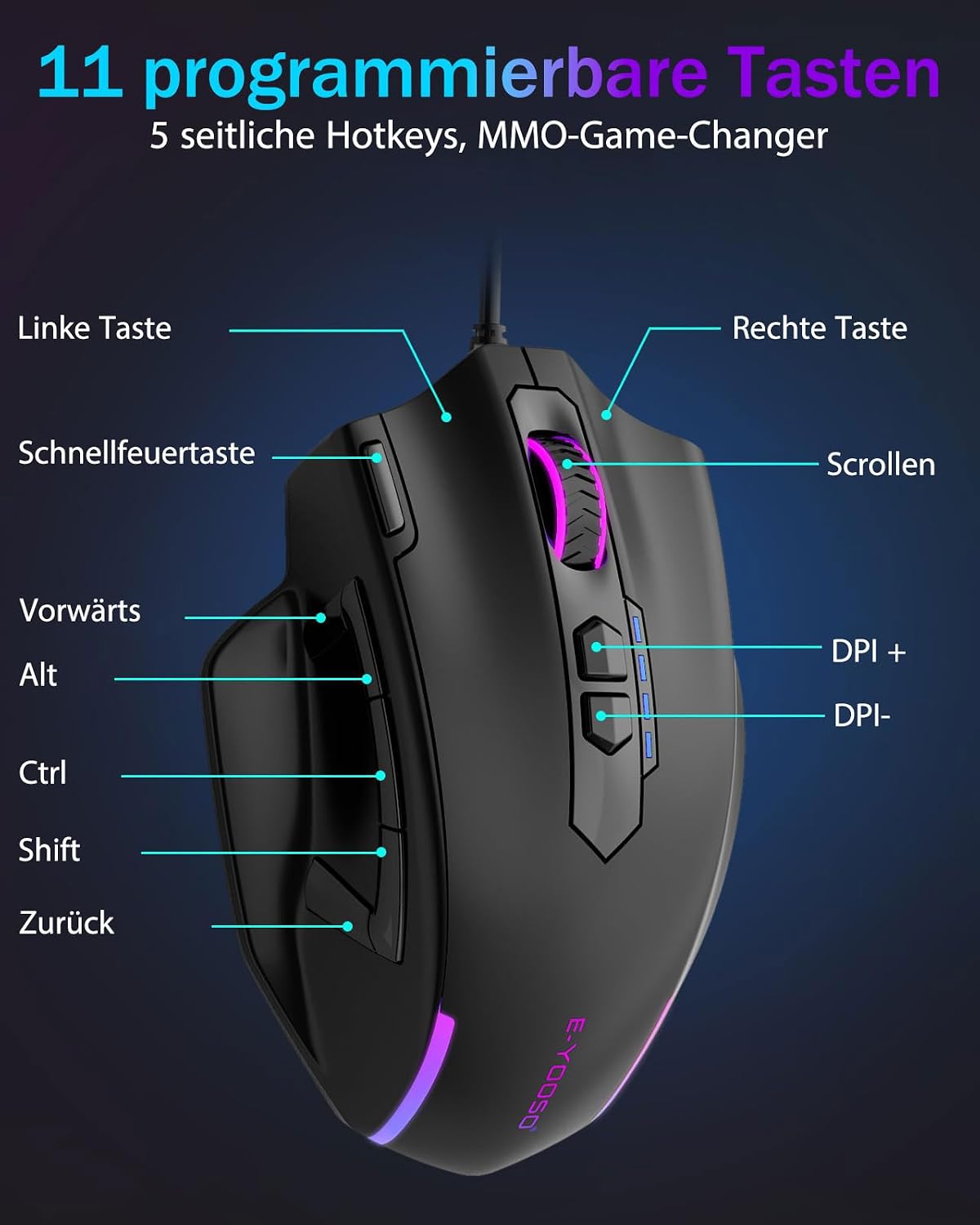 E-Yooso MMO Gaming Maus, kabelgebundene optisch,12.400 DPI, 11 programmierbare Tasten mit 5 Seitentasten,