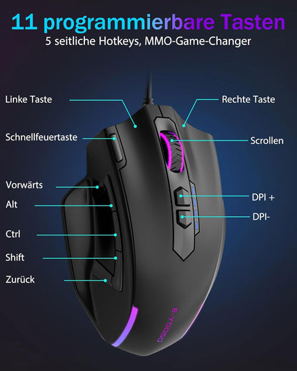 E-Yooso MMO Gaming Maus, kabelgebundene optisch,12.400 DPI, 11 programmierbare Tasten mit 5 Seitentasten,
