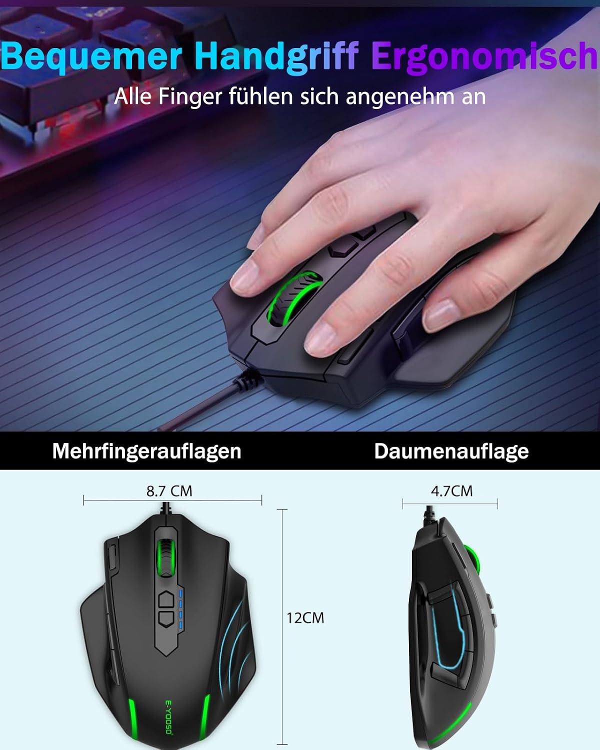 E-Yooso MMO Gaming Maus, kabelgebundene optisch,12.400 DPI, 11 programmierbare Tasten mit 5 Seitentasten,
