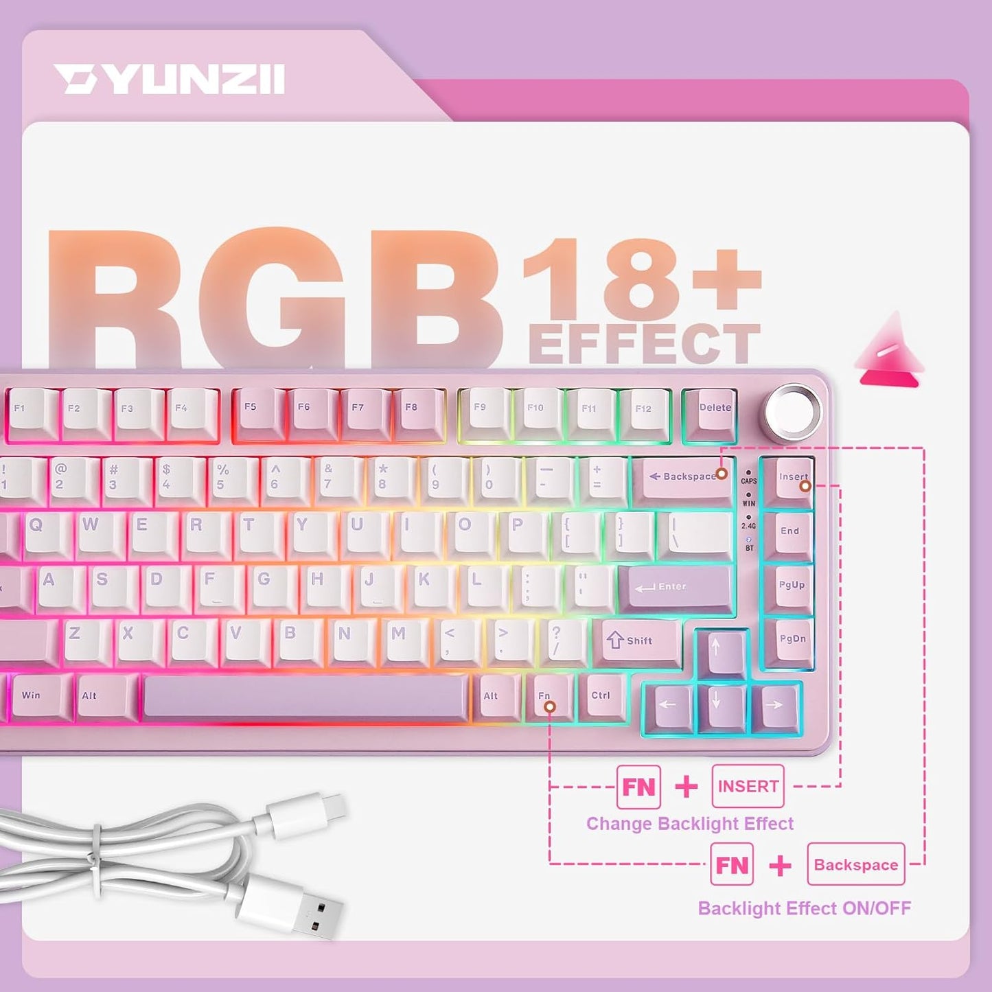 YUNZII B75 PRO Kabellose Mechanische Tastatur,  BT/Type-C/2.4G,Hot Swap Dichtung Keyboard mit Drehknopf,