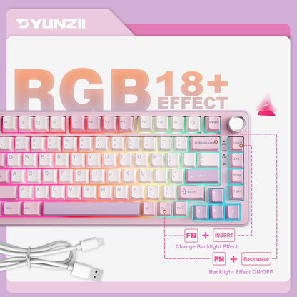YUNZII B75 PRO Kabellose Mechanische Tastatur,  BT/Type-C/2.4G,Hot Swap Dichtung Keyboard mit Drehknopf,