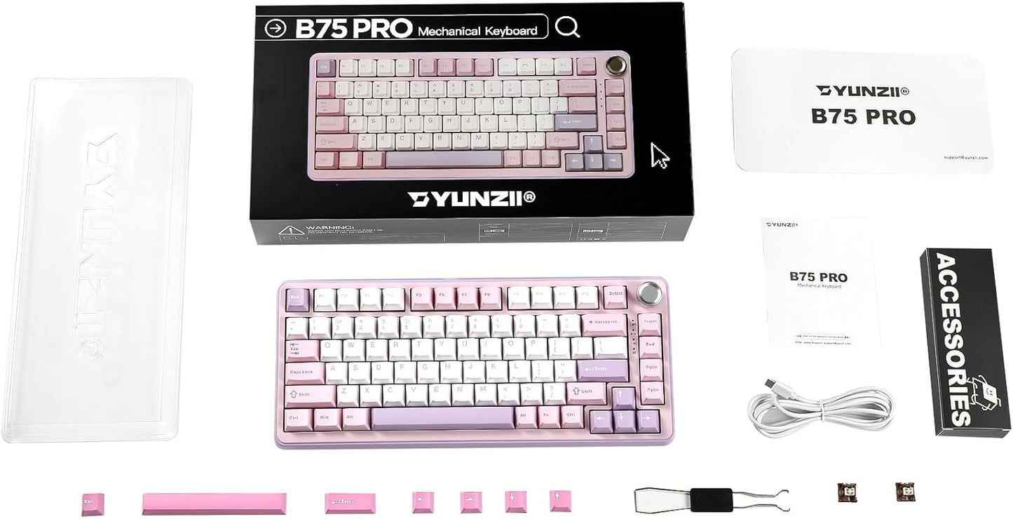 YUNZII B75 PRO Kabellose Mechanische Tastatur,  BT/Type-C/2.4G,Hot Swap Dichtung Keyboard mit Drehknopf,