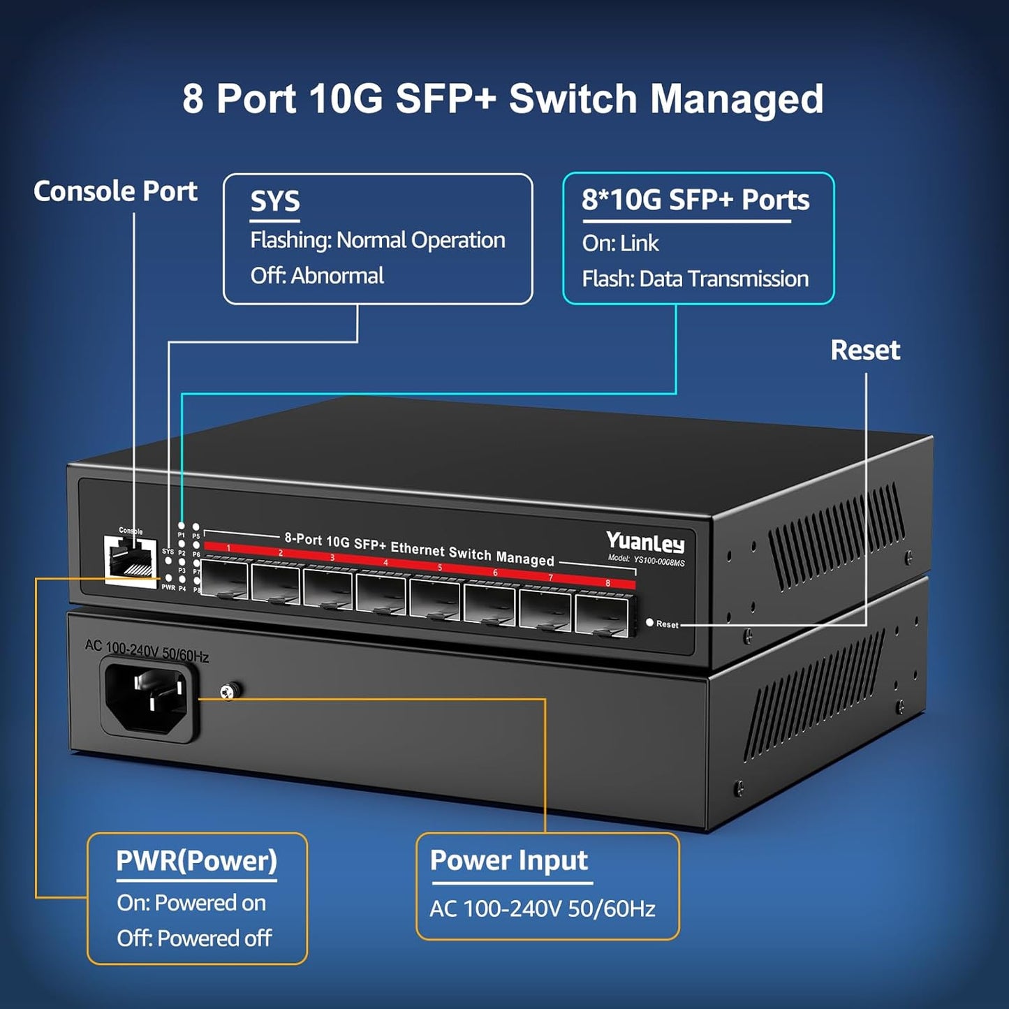 YuanLey 8-Port 10G Managed Switch, 8 x 10 Gbit/s SFP+, L3 Smart Management SFP Ethernet-Switch,