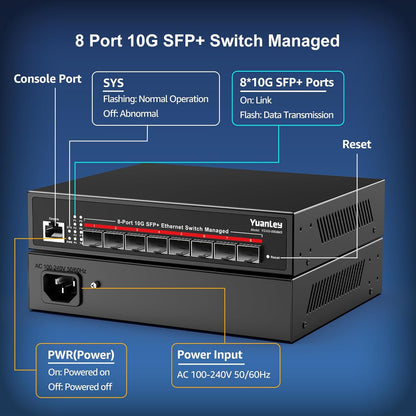 YuanLey 8-Port 10G Managed Switch, 8 x 10 Gbit/s SFP+, L3 Smart Management SFP Ethernet-Switch,