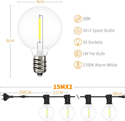 Yuucio G40 30M Lichterkette LED Außen, 30m, 50+2 G40Glühbirnen IP44 Wasserdicht
