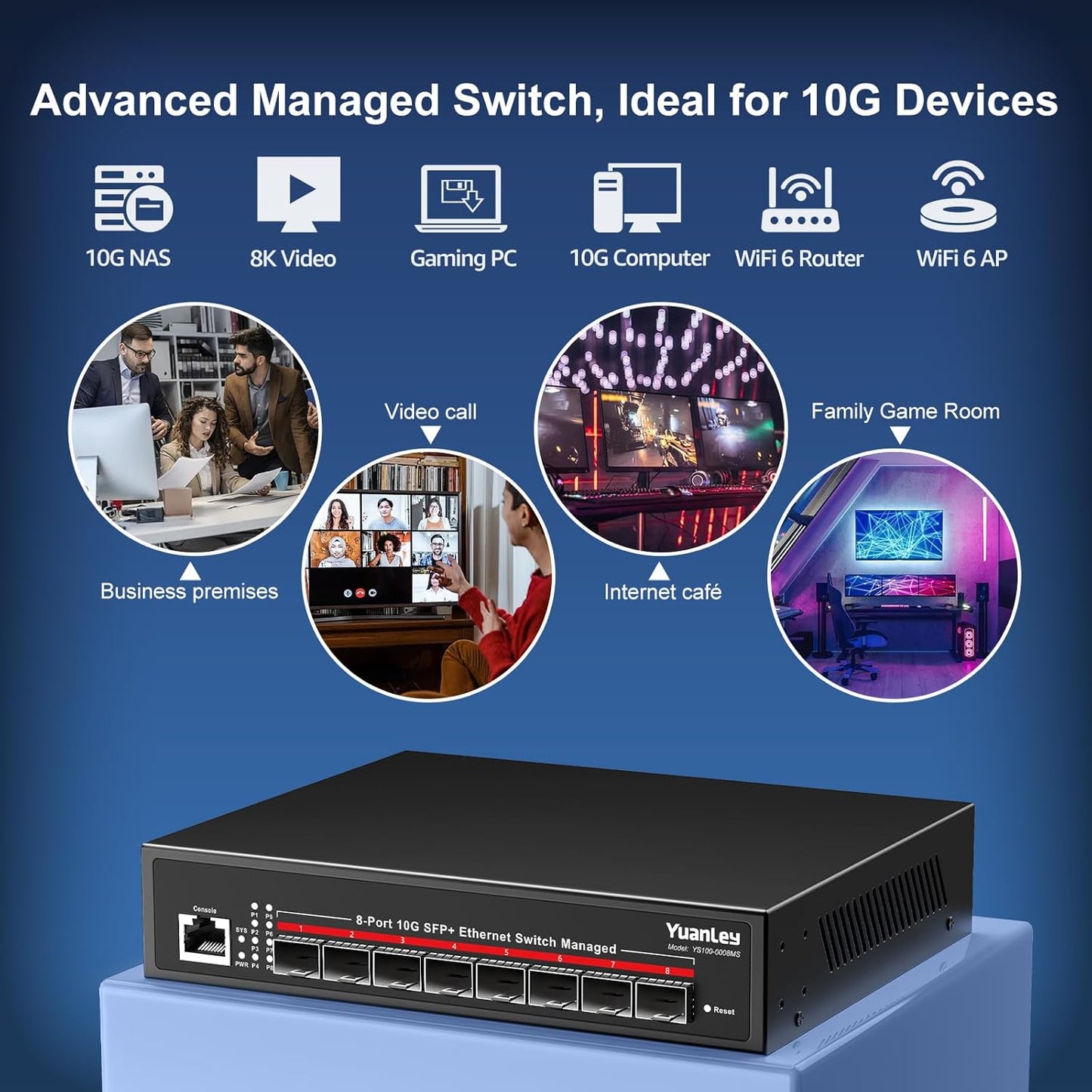 YuanLey 8-Port 10G Managed Switch, 8 x 10 Gbit/s SFP+, L3 Smart Management SFP Ethernet-Switch,
