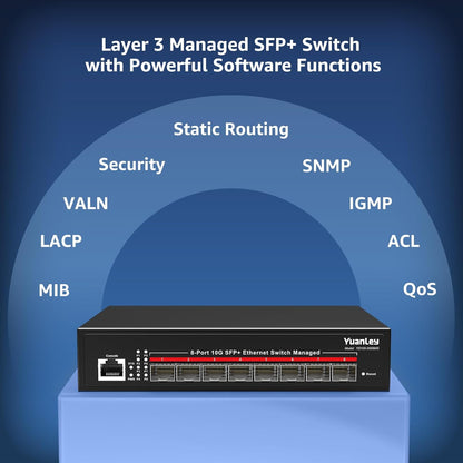 YuanLey 8-Port 10G Managed Switch, 8 x 10 Gbit/s SFP+, L3 Smart Management SFP Ethernet-Switch,