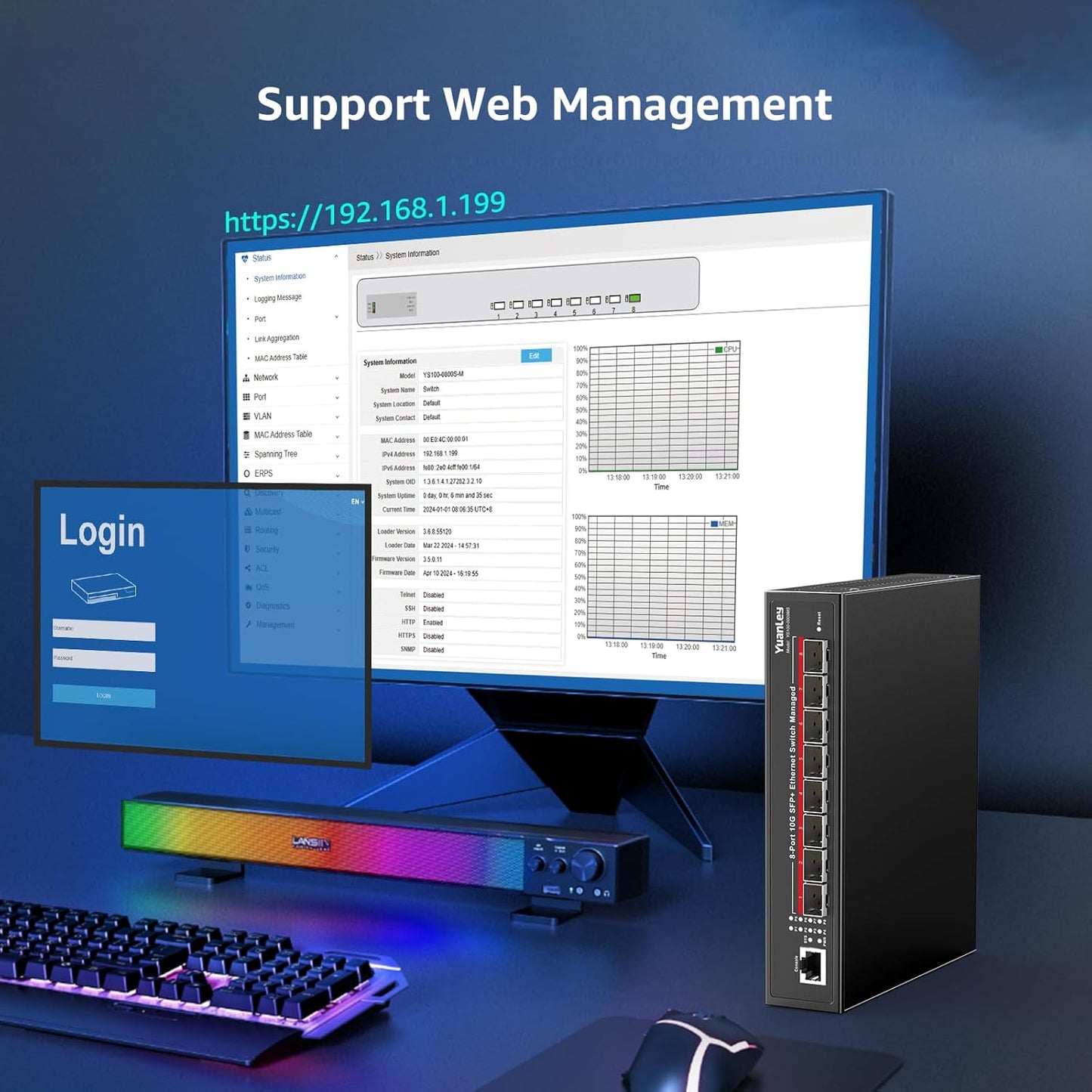 YuanLey 8-Port 10G Managed Switch, 8 x 10 Gbit/s SFP+, L3 Smart Management SFP Ethernet-Switch,