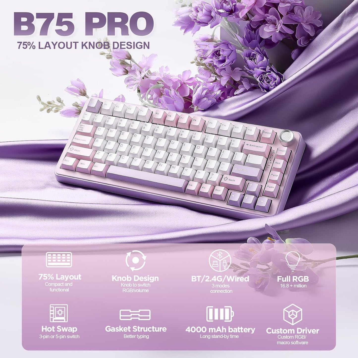 YUNZII B75 PRO Kabellose Mechanische Tastatur,  BT/Type-C/2.4G,Hot Swap Dichtung Keyboard mit Drehknopf,