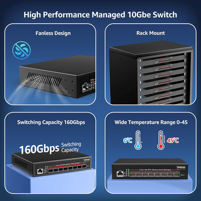 YuanLey 8-Port 10G Managed Switch, 8 x 10 Gbit/s SFP+, L3 Smart Management SFP Ethernet-Switch,