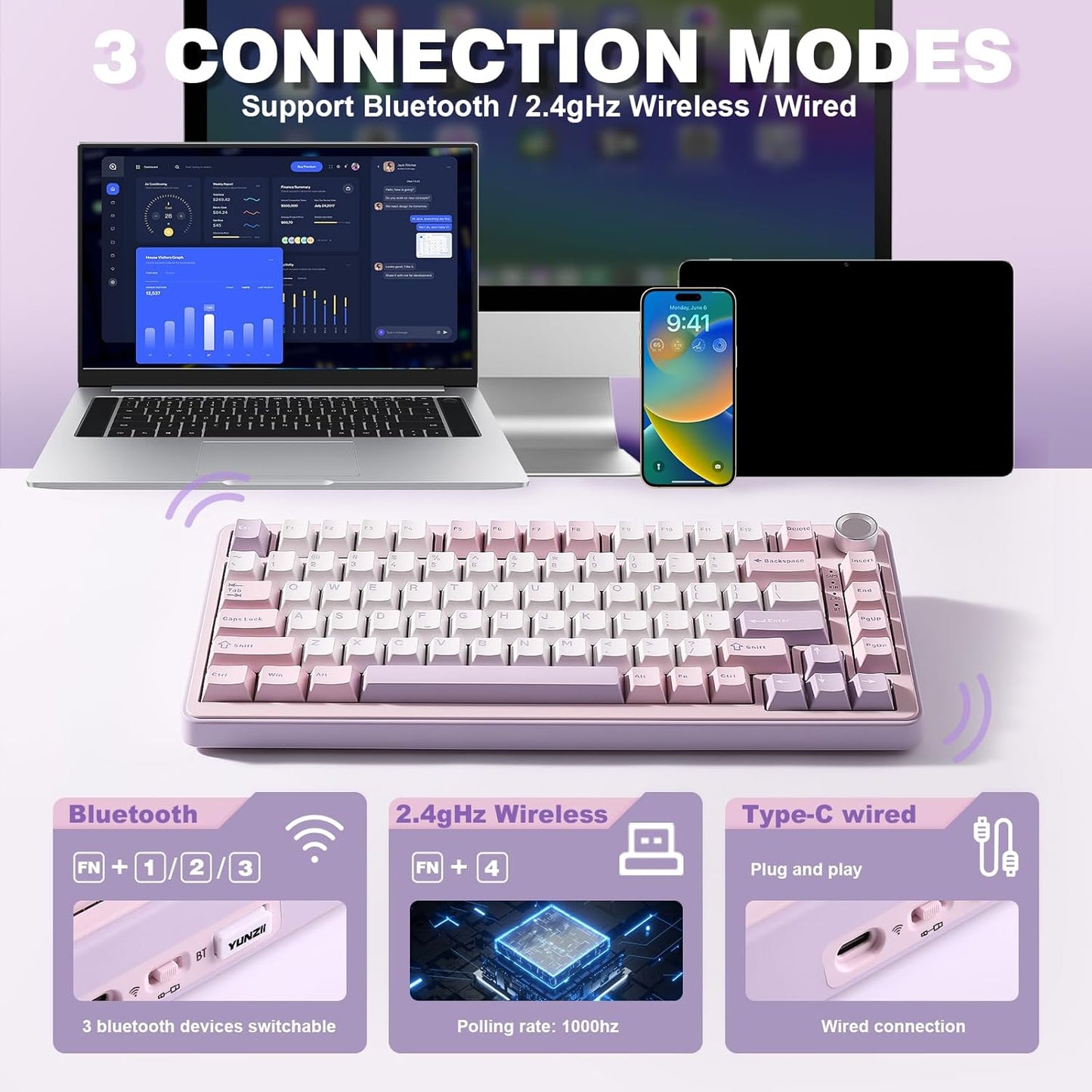 YUNZII B75 PRO Kabellose Mechanische Tastatur,  BT/Type-C/2.4G,Hot Swap Dichtung Keyboard mit Drehknopf,
