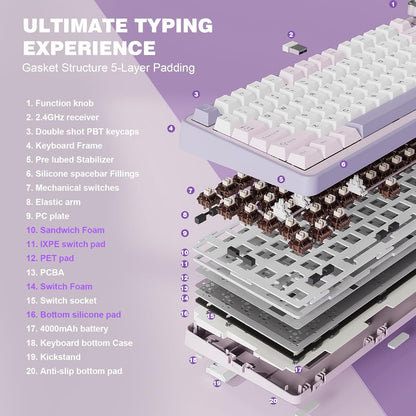 YUNZII B75 PRO Kabellose Mechanische Tastatur,  BT/Type-C/2.4G,Hot Swap Dichtung Keyboard mit Drehknopf,