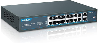 YuanLey 18 Port PoE Switch, 16 PoE+ Port 100Mbps, 2 Uplink Gigabit, 250W Integrierte Stromversorgung