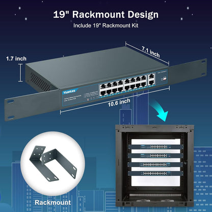 YuanLey 18 Port PoE Switch, 16 PoE+ Port 100Mbps, 2 Uplink Gigabit, 250W Integrierte Stromversorgung
